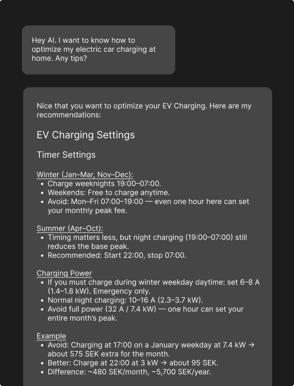 Screenshot of AI summary of grid tariffs for internal and external use.